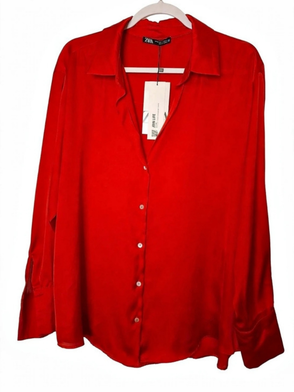ZARA NWT Red Satin Button Down Blouse Oversized Collared Long Sleeve